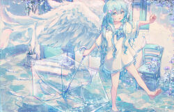 Rule 34 | 1girl, :o, angel, angel wings, barefoot, blue bow, blue bowtie, blue eyes, blue hair, bow, bowtie, chair, door, dress, feathered wings, feet, flower, fuunyon, hair flower, hair ornament, highres, holding, holding umbrella, leg up, legs, original, rain, sailor collar, sailor dress, soles, solo, toes, umbrella, walking, white dress, white wings, wings