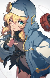 Rule 34 | 1boy, black gloves, black skirt, blonde hair, blue eyes, bridget (guilty gear), closed mouth, fingerless gloves, gloves, guilty gear, hata4564, highres, index finger raised, long hair, long sleeves, looking at viewer, male focus, one eye closed, pleated skirt, skirt, smile, solo, tongue, tongue out, trap, yo-yo, zipper pull tab