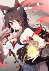 Rule 34 | 1girl, ahri (league of legends), animal ears, bare shoulders, black hair, breasts, closed mouth, cowboy shot, facial mark, finger to mouth, fingernails, fire, fox ears, fox tail, fuiyu (feuille0818), hair between eyes, highres, league of legends, long hair, looking at viewer, medium breasts, nail polish, official alternate costume, red eyes, red nails, risen legend ahri, sidelocks, smile, solo, tail, whisker markings