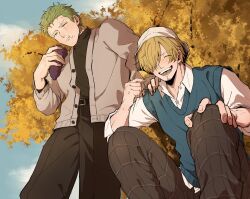 Rule 34 | 2boys, alternate costume, autumn leaves, belt, black pants, blonde hair, blue vest, brown cardigan, bucket hat, cardigan, casual, chimaaa333, closed eyes, earrings, eating, facial hair, food, food on face, from below, green hair, hair over one eye, hand on another&#039;s shoulder, hand on own knee, hat, highres, holding, holding food, holding leaf, jewelry, leaf, looking at viewer, male focus, multiple boys, one eye closed, one piece, open cardigan, open clothes, open mouth, pants, roronoa zoro, sanji (one piece), scar, scar across eye, shirt, shirt tucked in, short hair, smile, squatting, striped clothes, striped pants, sweater, sweet potato, turtleneck, turtleneck sweater, vest, white shirt