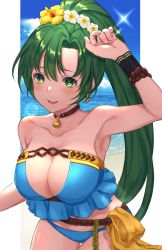 Rule 34 | 1girl, bad id, bad twitter id, bare shoulders, bikini, blush, breasts, cleavage, fire emblem, fire emblem: the blazing blade, fire emblem heroes, green eyes, green hair, hair ornament, hoshido1214, large breasts, long hair, looking at viewer, lyn (fire emblem), lyn (summer) (fire emblem), nintendo, open mouth, ponytail, smile, solo, swimsuit, very long hair