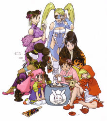 Rule 34 | 1990s (style), 6+girls, :q, alternate costume, alternate hairstyle, blonde hair, blue eyes, braid, breasts, brown hair, bulleta, capcom, china dress, chinese clothes, choukou senki kikaioh, choukou senki kikaiou, chun-li, claire redfield, cleavage, cleavage cutout, clothing cutout, cooking, crossover, dark-skinned female, dark skin, dog, dress, earrings, drawing on another&#039;s face, feather boa, flame print, flower, food, hair flower, hair ornament, hair up, unworn headwear, heart, helmet, unworn helmet, hookah, jacket, japanese clothes, jewelry, kasugano sakura, kimono, leather, leather jacket, long hair, mask, mochi, multiple girls, nishimura kinu, no socks, pink hair, pollin, ponytail, power stone, rainbow mika, red dress, resident evil, retro artstyle, rouge (power stone), single braid, sitting, street fighter, street fighter zero (series), tongue, tongue out, twintails, vampire (game), wagashi, wrestling outfit