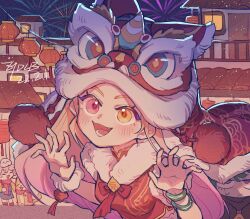 Rule 34 | 1girl, :d, blonde hair, blush, bracelet, fang, fingernails, fireworks, heterochromia, highres, house, jewelry, lamp, league of legends, long hair, looking at viewer, lower teeth only, multicolored hair, nail polish, night, night sky, open mouth, outdoors, pink hair, red nails, rooftop, sky, smile, solo, teeth, two-tone hair, window, yellow eyes, zoe (league of legends), ztdlb