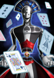 Rule 34 | absurdres, ace (playing card), ace of spades, card, character request, extra eyes, f-zero, gloves, highres, joker (playing card), king (playing card), king of spades, looking at viewer, mixed-language commentary, nintendo, playing card, silverchariotx, solo, spade (f-zero), spade (shape), star (sky), third eye, white gloves