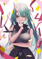 Rule 34 | 1girl, absurdres, arknights, armor, bare shoulders, breastplate, breasts, confetti, cowboy shot, green hair, grin, highres, horns, hoshiguma (arknights), kokawaaokawa, large breasts, long hair, looking at viewer, simple background, single horn, skin-covered horns, sleeveless, smile, solo, v over mouth, very long hair, white background, yellow eyes