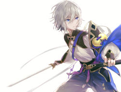 Rule 34 | 1boy, blue eyes, blue pants, bridal gauntlets, csyday, fate/grand order, fate (series), grey hair, hair between eyes, holding, holding sword, holding weapon, long sleeves, looking to the side, pants, parted lips, prince of lan ling (fate), puffy long sleeves, puffy sleeves, sash, sheath, shirt, short hair, simple background, sword, weapon, white background, white shirt