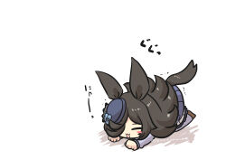 Rule 34 | 1girl, absurdres, animal ears, black hair, blue skirt, blush stickers, brown footwear, cat stretch, closed eyes, goma (gomasamune), hair over one eye, highres, horse ears, horse girl, horse tail, long hair, long sleeves, lying, on stomach, pleated skirt, purple thighhighs, rice shower (umamusume), shadow, shoes, simple background, skirt, solo, stretching, tail, thighhighs, translation request, trembling, twitter username, umamusume, very long hair, white background