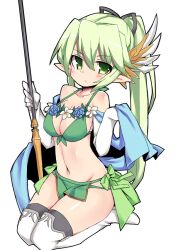 Rule 34 | 1girl, bikini, blush, boots, breasts, closed mouth, elf, flower, full body, green bikini, green eyes, green hair, hair ribbon, holding, holding staff, long hair, looking at viewer, luxe (sennen sensou aigis), medium breasts, navel, nemui (nemui), pointy ears, ribbon, seiza, sennen sensou aigis, simple background, sitting, solo, staff, swimsuit, thigh boots, white background, white footwear