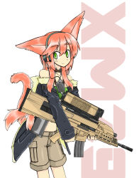 Rule 34 | 1girl, airburst grenade launcher, alliant techsystems, animal ears, assault rifle, bullpup, carbine, cat ears, computerized scope, contraves brashear systems, german flag, grenade launcher, gun, headphones, heckler &amp; koch, highres, hud mount, jacket, l-3 communications corporation, l3 technologies, meijou inurou, microphone, military, military program, military uniform, modular weapon system, multi-weapon, multiple-barrel firearm, night-vision device, objective individual combat weapon (military program), objective infantry combat weapon (military program), original, precision-guided firearm, prototype design, red faction 2, rifle, scope, selectable assault battle rifle (military program), semi-automatic firearm, semi-automatic grenade launcher, short-barreled rifle, shorts, sight (weapon), smart scope, smile, solo, tail, telescopic sight, theodora (theodore), thermal weapon sight, third-party edit, transforming weapon, under-barrel configuration, underbarrel assault rifle, underbarrel rifle, uniform, weapon, xm104 (smart scope), xm29 oicw