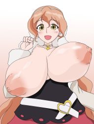 Rule 34 | 10s, 1girl, breasts, breasts out, choker, female focus, gigantic breasts, large areolae, long hair, muginami, nipples, no bra, open mouth, orange hair, puffy nipples, rinne no lagrange, simple background, solo, unaligned breasts, very long hair, yasumon, yellow eyes