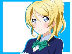 Rule 34 | 1girl, artist name, artist request, ayase eli, black jacket, blonde hair, blue cardigan, blue eyes, blue jacket, blush, bow, bowtie, breasts, cardigan, collared shirt, female focus, green bow, hair between eyes, hair ornament, hair scrunchie, high ponytail, highres, jacket, long hair, long sleeves, looking at viewer, love live!, love live! school idol project, otonokizaka school uniform, parted lips, ponytail, school uniform, scrunchie, shirt, short hair, short sleeves, small breasts, smile, solo, striped, striped bow, upper body, white scrunchie, white shirt