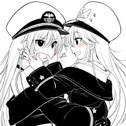 Rule 34 | 2girls, aged down, azur lane, bad id, bad twitter id, bare shoulders, blush, buttersea, coat, commentary request, dual persona, enterprise (azur lane), hat, little enterprise (azur lane), long hair, looking at viewer, monochrome, mother and daughter, multiple girls, peaked cap, shirt, sleeveless, sleeveless shirt, time paradox