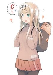 Rule 34 | 1girl, 1other, ?, absurdres, alternate costume, backpack, bag, black pantyhose, black ribbon, blonde hair, brown sweater, dyson (edaokunnsaikouya), green eyes, hair ribbon, highres, kantai collection, long hair, pantyhose, pleated skirt, poi, pom pom (clothes), red skirt, ribbon, simple background, skirt, straight hair, sweater, the yuudachi-like creature, white background, yuudachi (kancolle)