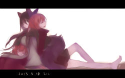 Rule 34 | 2girls, animal ears, back-to-back, bare legs, bare shoulders, bow, brooch, cape, closed eyes, disembodied head, hair bow, imaizumi kagerou, jewelry, lap pillow, letterboxed, long sleeves, lying on lap, multiple girls, namauni, red hair, sekibanki, shirt, sitting, skirt, sleeping, smile, tail, touhou, werewolf, wide sleeves, wolf ears, wolf tail