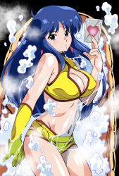Rule 34 | 1girl, blue eyes, blue hair, breasts, bubble, card, cleavage, dirty pair, gloves, highres, holding, holding card, looking at viewer, navel, ohtado, short hair, single glove, water, yellow gloves, yuri (dirty pair)