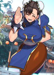 Rule 34 | 1girl, akisu k, breasts, capcom, chinese clothes, chun-li, closed eyes, large breasts, open mouth, pantyhose, smile, solo, standing, street fighter, teeth