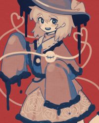 Rule 34 | 1girl, :d, blouse, blush stickers, commentary, cowboy shot, darkness, floral print, frilled shirt collar, frilled sleeves, frills, hat, hat ribbon, heart, heart of string, komeiji koishi, long sleeves, looking at viewer, medium hair, monochrome, open mouth, orange background, rbfnrbf (mandarin), ribbon, ribbon trim, rose print, shirt, simple background, skirt, sleeves past fingers, sleeves past wrists, smile, solo, teeth, third eye, touhou, upper teeth only, wide sleeves