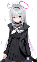 Rule 34 | 1girl, plana (blue archive), absurdres, black hairband, black jacket, black sailor collar, black serafuku, black shirt, black skirt, blue archive, blush, braid, closed mouth, grey eyes, grey hair, hair over one eye, hair over shoulder, hair ribbon, hairband, halo, highres, jacket, long hair, long sleeves, looking at viewer, multicolored hair, neckerchief, open clothes, open jacket, pink hair, pleated skirt, ribbon, sailor collar, school uniform, serafuku, shirt, simple background, single braid, skirt, solo, sugar (dndi888), two-tone hair, very long hair, white background, white neckerchief, white ribbon