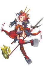 Rule 34 | 1girl, character request, full body, garter straps, hairband, headdress, highres, holding, holding spear, holding weapon, leg up, official art, open mouth, orange eyes, pink hair, platform footwear, polearm, sandals, shirohime quest, solo, spear, thighhighs, transparent background, ueda castle, weapon