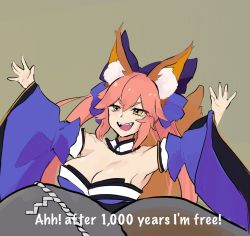 Rule 34 | 1girl, animal ears, armpits, artist name, bare shoulders, blue bow, blue kimono, bow, breasts, cleavage, collar, detached collar, detached sleeves, english text, evil smile, eyelashes, eyes visible through hair, fangs, fate/extra, fate (series), female focus, fox ears, fox girl, fox tail, hair bow, hand up, highres, japanese clothes, kimono, large breasts, long hair, long sleeves, looking up, meme, mighty morphin power rangers, open mouth, outstretched arms, outstretched hand, parody, pink hair, rock, rope, sesshouseki, sidelocks, simple background, smile, solo, split ponytail, tail, tamamo (fate), tamamo no mae (fate/extra), teeth, tongue, twitter username, upper body, ushijidraws, v-shaped eyebrows, white collar, wide sleeves, yellow eyes