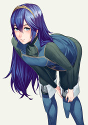 Rule 34 | 1girl, adjusting footwear, ameno (a meno0), bent over, black bodysuit, blue eyes, blue footwear, blue hair, blush, bodysuit, boots, brown hairband, fire emblem, fire emblem awakening, grey background, hair between eyes, hairband, long hair, long sleeves, looking at viewer, lucina (fire emblem), nintendo, parted lips, simple background, solo, standing, thigh boots, thighhighs, very long hair
