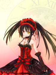 Rule 34 | 10s, 1girl, absurdres, bare shoulders, black hair, breasts, cleavage, clock, clock eyes, cowboy shot, date a live, dress, evil smile, hairband, heterochromia, highres, inorin, joker (animero), lolita fashion, lolita hairband, long hair, looking at viewer, parted lips, red eyes, ribbon, roman numeral, smile, solo, symbol-shaped pupils, tokisaki kurumi, twintails, yellow eyes