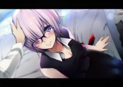 Rule 34 | 1girl, absurdres, bed, bed sheet, black-framed eyewear, black dress, black pantyhose, blush, breasts, cleavage, closed mouth, dress, fate/grand order, fate (series), from above, glasses, hand on another&#039;s head, headpat, highres, huge filesize, kappipe (brd0520), letterboxed, light particles, long sleeves, looking at viewer, looking up, mash kyrielight, medium breasts, on bed, out of frame, pantyhose, pink hair, pov, pov hands, purple eyes, scan, short hair, sitting, sleeveless, sleeveless dress, smile, solo focus, tareme