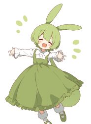 Rule 34 | 1girl, :d, absurdres, blush, closed eyes, collared shirt, dot nose, dress, facing viewer, green dress, green footwear, green hair, head tilt, highres, long dress, long hair, low-tied long hair, notice lines, open hands, open mouth, outstretched arms, pinafore dress, pleated dress, reaching, reaching towards viewer, shirt, shoes, sidelocks, simple background, sleeveless, sleeveless dress, smile, socks, solo, voicevox, white background, white shirt, white socks, zundamon, zungurimukkuri tarou