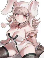 1girl animal_ears bare_shoulders black_leotard breasts cleavage commentary danganronpa_(series) danganronpa_2:_goodbye_despair fake_animal_ears galaga ikemen&#039;na_ore-shi large_breasts leotard looking_at_viewer medium_hair nanami_chiaki playboy_bunny rabbit_ears solo strapless strapless_leotard white_leotard