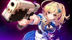 Rule 34 | 1girl, blonde hair, blush, breasts, cleavage, cleavage cutout, closed mouth, clothing cutout, female focus, game cg, gradient background, gun, hair ribbon, high ponytail, holding, holding gun, holding weapon, large breasts, long hair, looking at viewer, original, pero, pointing, pointing at viewer, re:d cherish, red eyes, ribbon, rouge wentworth, simple background, skirt, smile, solo, standing, weapon, wrist cuffs