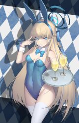 Rule 34 | 1girl, alcohol, animal ear hairband, argyle, argyle background, argyle clothes, blonde hair, blue archive, blue bow, blue bowtie, blue eyes, blue hairband, blue leotard, bow, bowtie, breasts, champagne, closed mouth, covered navel, cup, drinking glass, ear piercing, earpiece, groin, hairband, halo, highleg, highleg leotard, highres, holding, holding tray, l4st resort, leotard, long hair, microphone, official alternate costume, piercing, playboy bunny, rabbit ear hairband, rabbit ears, shadow, small breasts, solo, thighhighs, thighs, toki (blue archive), toki (bunny) (blue archive), tray, v, very long hair, white thighhighs, wide hips, wrist cuffs