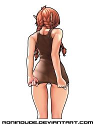 Rule 34 | 1girl, ass, braid, brown hair, commentary, covering privates, covering ass, cowboy shot, cropped legs, elf, english commentary, flat ass, from behind, hair over shoulder, highres, long braid, no bra, original, panties, pantyshot, photo-referenced, pointy ears, ronindude, see-through, solo, standing, tank top, twin braids, underwear, wardrobe malfunction, watermark, web address, white background, white panties