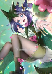 1girl amedamaneko black_hair blue_eyes blush cosplay creatures_(company) game_freak hair_ornament highres liko_(pokemon) long_sleeves looking_at_viewer mask meowscarada meowscarada_(cosplay) multicolored_hair nintendo open_mouth pokemon pokemon_(anime) pokemon_horizons shirt smile solo thighhighs