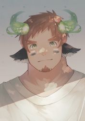 Rule 34 | 1boy, animal ears, bara, brown hair, closed mouth, cow boy, cow ears, facial hair, fiery horns, forked eyebrows, glowing horns, goatee, green eyes, highres, horns, kauri097, looking at viewer, male focus, revision, shirt, short hair, simple background, smile, solo, tokyo houkago summoners, upper body, wakan tanka, white shirt