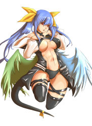 Rule 34 | 1girl, arc system works, asymmetrical wings, bare shoulders, black thighhighs, blue hair, blush, bow, breasts, choker, detached sleeves, dizzy (guilty gear), guilty gear, hair bow, long hair, midriff, navel, nuppehofu (nibuta), open mouth, red eyes, ribbon, simple background, solo, tail, tail ornament, tail ribbon, thighhighs, twintails, underboob, white background, wings