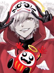 Rule 34 | 1boy, avanokabeuch, black gloves, commentary request, crazy raccoon, daruma doll, daruma is god, earrings, feathered wings, gloves, grin, hair over one eye, highres, hood, hoodie, jewelry, male focus, open mouth, red hoodie, smile, solo focus, upper body, v, white hair, wings, yellow eyes