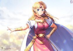 Rule 34 | 1girl, blonde hair, blue eyes, blush, breasts, cape, chinchongcha, circlet, day, dress, hand on own hip, highres, jewelry, large breasts, long hair, looking at viewer, necklace, nintendo, parted bangs, pointy ears, princess zelda, shiny clothes, simple background, smile, solo, standing, super smash bros., the legend of zelda, the legend of zelda: a link to the past