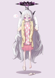 Rule 34 | ..., 1girl, absurdres, ahoge, black horns, blue archive, blush, carrying, carrying person, closed mouth, commentary, dangling legs, demon horns, flat chest, full body, grey hair, halo, heart, highres, hina (blue archive), hina (pajamas) (blue archive), horns, long hair, long sleeves, longcat (meme), meme, mogurii, multiple horns, open clothes, open shirt, pajamas, parted bangs, pink pajamas, polka dot, polka dot pajamas, purple eyes, shirt, simple background, sleeves past fingers, sleeves past wrists, slippers, spoken ellipsis, very long hair, yellow shirt