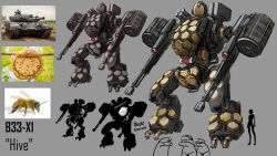 Rule 34 | 1boy, 1girl, arm cannon, bee, beehive, bug, character name, commentary, comparison, concept art, english commentary, florks, haonfest, highres, hive, insect, leaf, mecha, military vehicle, missile pod, motor vehicle, original, photo-referenced, photo (medium), reactive armor, robot, science fiction, sketch, tank, variations, walker (robot), weapon