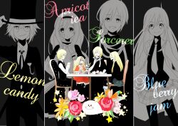 Rule 34 | 2boys, 2girls, blonde hair, bow, bowtie, brooch, capelet, collared shirt, dress, enomoto kankuro, family, flower, gauze on cheek, hat, jacket, jewelry, long hair, long sleeves, looking at viewer, multiple boys, multiple girls, neck ribbon, necktie, original, parted lips, pink flower, red capelet, red dress, red flower, red rose, ribbon, rose, seal (animal), shirt, sidelocks, smile, star (symbol), toaru ikka no tea party (vocaloid), top hat, very long hair, vocaloid, white bow, white bowtie, white flower, yellow flower