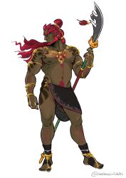 Rule 34 | armpit hair, bara, beard, chest hair, collarbone, dark-skinned male, dark skin, earrings, facial hair, full body, ganondorf, gold earrings, highres, holding, holding polearm, holding weapon, jewelry, leg hair, leg tattoo, long hair, looking to the side, loulouscribbles, necklace, nintendo, nipple piercing, piercing, polearm, red hair, ring, shoulder tattoo, simple background, tattoo, the legend of zelda, the legend of zelda: tears of the kingdom, toe ring, weapon, white background