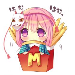 Rule 34 | 1girl, :3, blush, bow, box, chibi, chocolat (momoiro piano), food, fox mask, french fries, hata no kokoro, in box, in container, long hair, long sleeves, mask, mcdonald&#039;s, mouth hold, mouth mask, pink eyes, pink hair, plaid, plaid shirt, shirt, simple background, solo, touhou, very long hair, white background, wide sleeves
