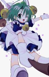 Rule 34 | animal hands, animal hat, antenna hair, apron, bell, blue dress, cat hat, dejiko, di gi charat, dress, gloves, green eyes, green hair, hair bell, hair ornament, hat, highres, maid apron, mittens, one eye closed, paw gloves, paw shoes, pepeppepe101, puffy short sleeves, puffy sleeves, short sleeves, white apron, white mittens