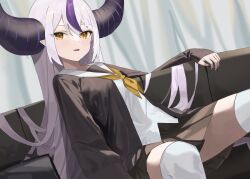 Rule 34 | 1girl, absurdres, alternate costume, black nails, braid, evening rabbit, grey hair, highres, hololive, horns, la+ darknesss, long hair, nail polish, purple hair, skirt, sweater, thighhighs, virtual youtuber, white thighhighs, yellow eyes