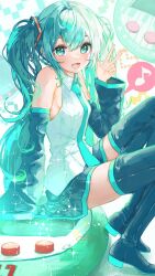 Rule 34 | 1girl, :d, arm at side, armpit crease, bare shoulders, black skirt, black sleeves, black thighhighs, blue necktie, boots, collared shirt, detached sleeves, dot nose, eighth note, full body, green eyes, green hair, hair between eyes, hair ornament, hand up, hatsune miku, highres, knees up, long hair, long sleeves, looking at viewer, miniskirt, musical note, necktie, number tattoo, open mouth, pleated skirt, shirt, shirubaa, sidelocks, sitting, skirt, sleeveless, sleeveless shirt, smile, solo, spoken musical note, tattoo, thigh boots, thighhighs, twintails, v, very long hair, vocaloid, white shirt, zettai ryouiki