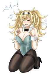 Rule 34 | 1girl, aqua leotard, black pantyhose, blonde hair, breasts, chibiosaka, crying, embarrassed, gambier bay (kancolle), hair between eyes, hairband, high heels, kantai collection, large breasts, leotard, long hair, open mouth, pantyhose, playboy bunny, sitting, solo, twintails, wariza