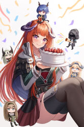 Rule 34 | 1other, 5girls, absurdres, arknights, bagpipe (arknights), bare shoulders, black hairband, black thighhighs, blonde hair, blue eyes, blue hair, blush, box, cake, ch&#039;en (arknights), commentary, doctor (arknights), dragon horns, feet out of frame, food, gift, gift box, gongbangmanchi (daisy cutter), grey hair, grey tank top, hairband, highres, holding, holding box, holding food, horn (arknights), horns, long hair, long sleeves, looking at viewer, mini person, minigirl, miniskirt, multiple girls, orange hair, purple eyes, red eyes, reed (arknights), saileach (arknights), simple background, sitting, skirt, smile, tank top, thighhighs, very long hair, white background