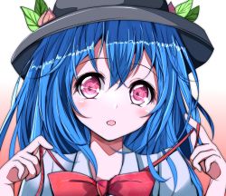 Rule 34 | 1girl, bad id, bad pixiv id, blue hair, bow, food, fruit, gradient background, hat, hinanawi tenshi, looking at viewer, open mouth, peach, pink background, pink eyes, portrait, solo, touhou, upper body, velia
