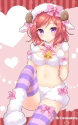 Rule 34 | 1girl, :o, animal costume, animal ears, bell, blush, boots, bow, commentary request, finger to mouth, fingerless gloves, fur, fur boots, fur hat, gloves, hat, hat bow, heart, highres, horns, looking at viewer, love live!, love live! school idol festival, love live! school idol project, midriff, navel, nishikino maki, purple eyes, red hair, sakurai makoto (custom size), sheep costume, sheep ears, sheep horns, short hair, sitting, solo, striped clothes, striped thighhighs, textless version, thighhighs, twitter username, ||/