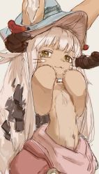 Rule 34 | 1other, :3, absurdres, animal ears, brown fur, closed mouth, ears through headwear, fake horns, furry, green eyes, hands on own cheeks, hands on own face, hands up, helmet, highres, horned helmet, horns, light brown hair, long hair, looking at viewer, made in abyss, nanachi (made in abyss), other focus, pants, puffy pants, red pants, simple background, sketch, smile, solipsist, solo, topless, whiskers